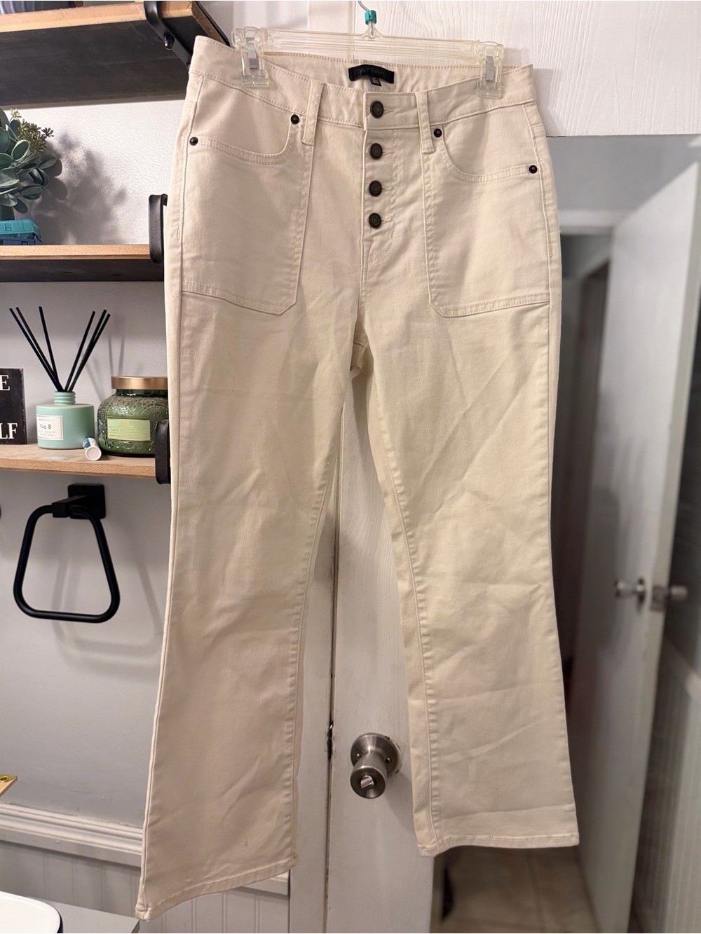 High-Rise Cream Wide-Leg Jeans with Button-Fly